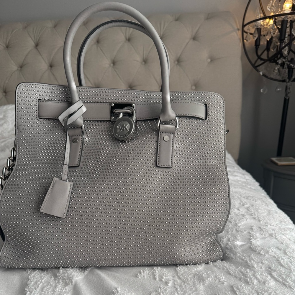 Michael Kors Hamilton Studded Tote in gray.